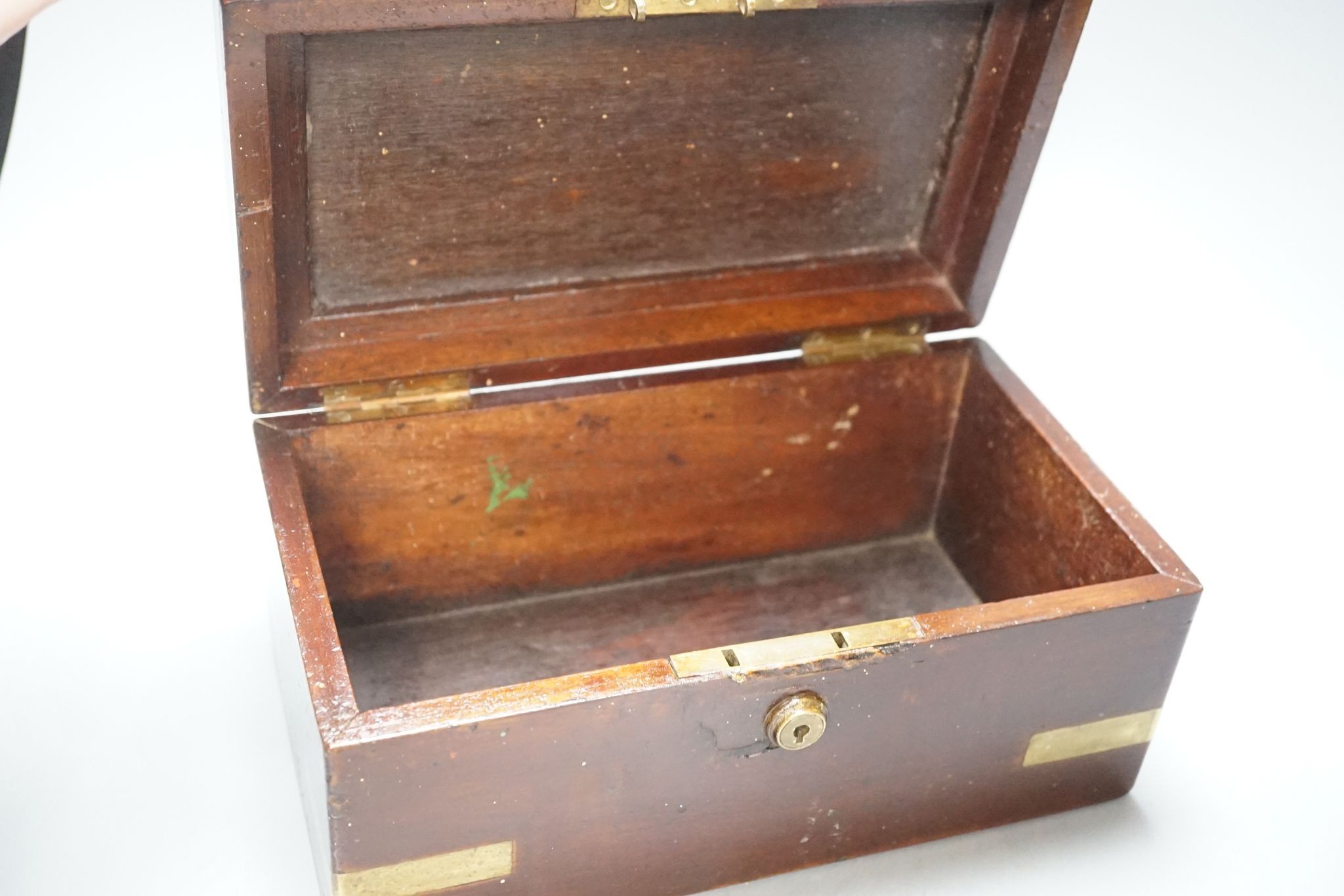 A 19th century French rosewood and marquetry letters box, an inlaid stationary rack and a brass-mounted box 28cm